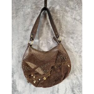 David  Scotti  Purse Hobo Bag Brown Embroidered Sequin Leather Velour Y2K Retro